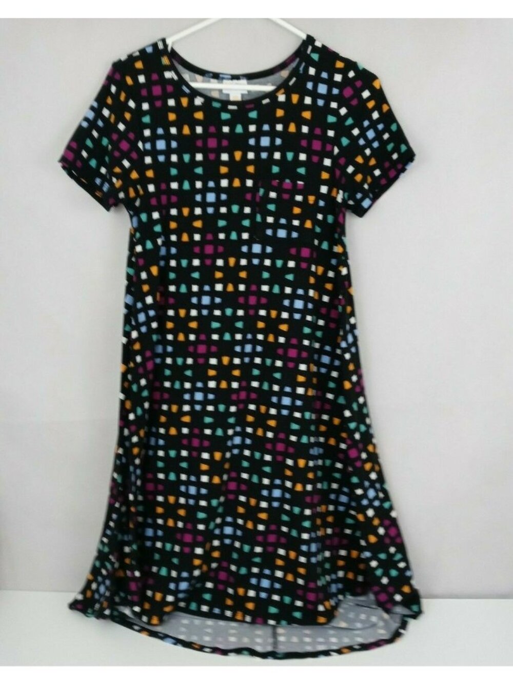 LuLaRoe Pocket Hi-Low T-Shirt Dress Black With Multi-Color Squares Rare Size XXS